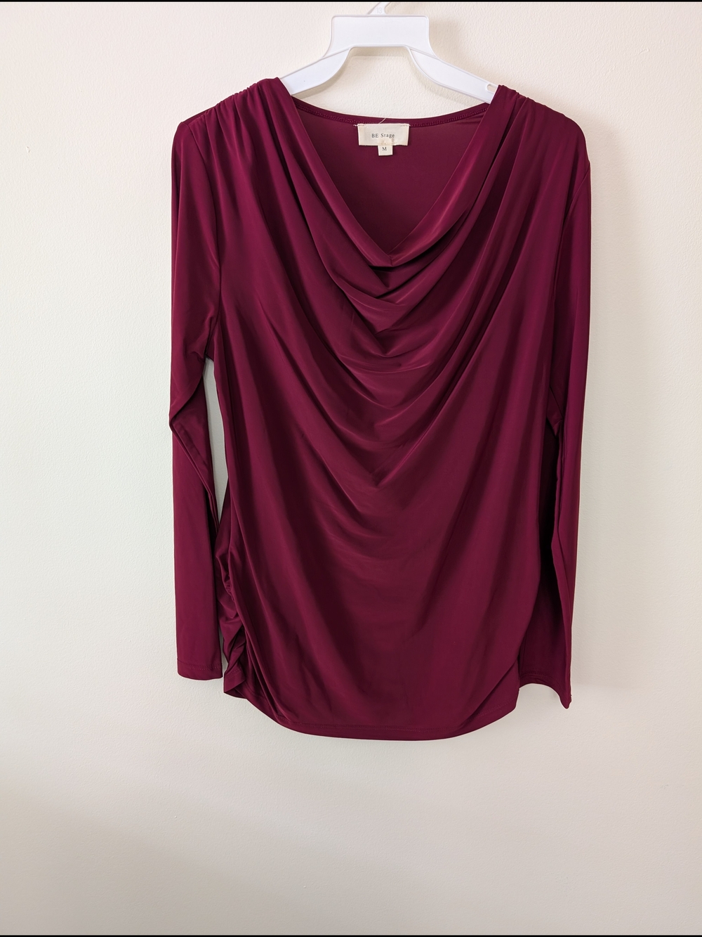 BE Stage Women's Burgundy Cowl Neck long sleeve Elegant Blouse w/pleated sides M
